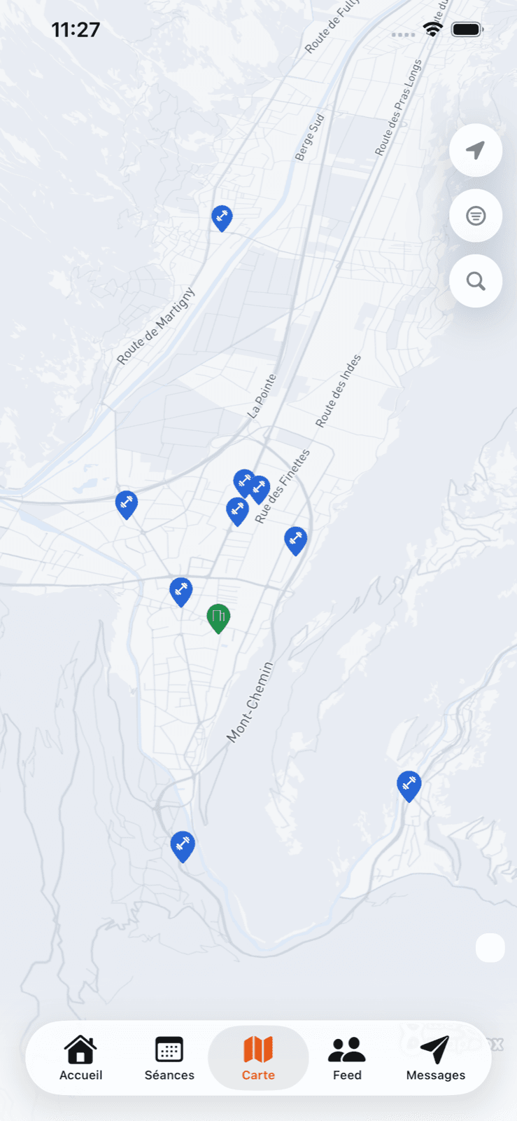 Carte Kinn avec emplacements de salles et de spots street workout.